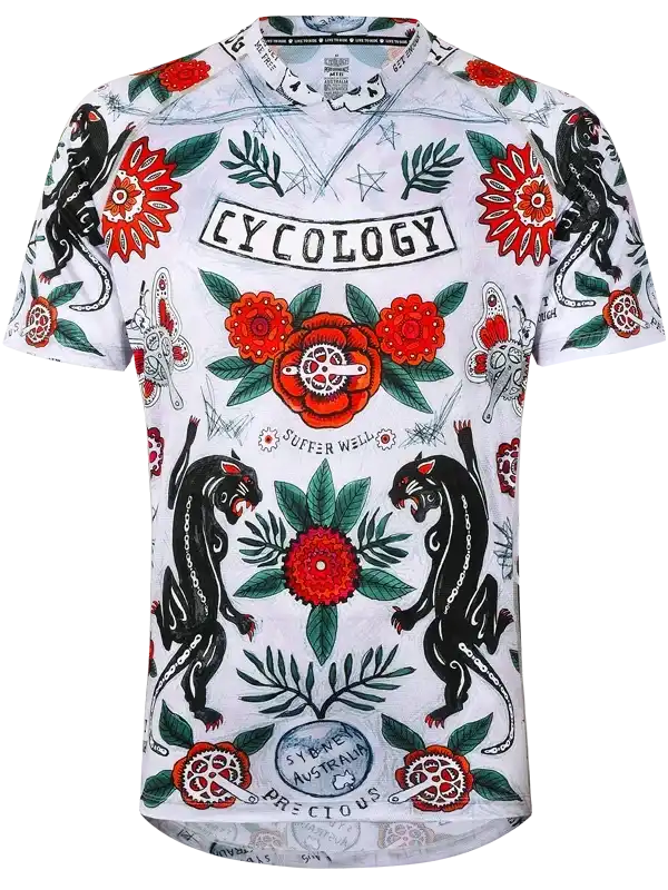 Men's cycling jersey with bold floral and panther design, featuring 'Cycology' branding and vibrant red accents.