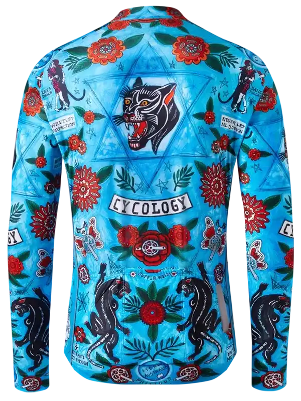 Blue long-sleeve cycling jersey with bold panther and floral tattoo-style print, ideal for men's and women's road biking.