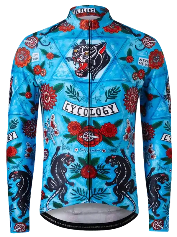 Blue cycling jersey with black panther and red floral tattoo-style print, full zip, long sleeves