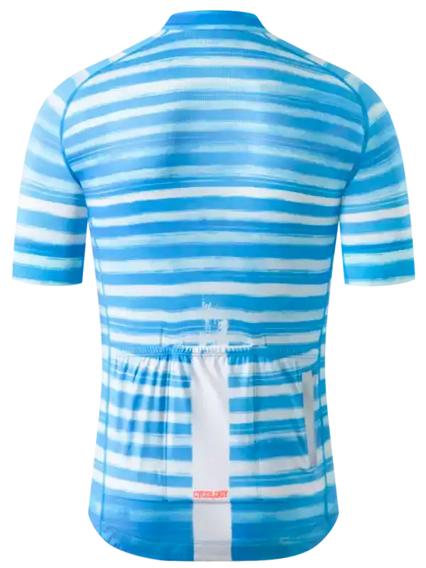 Blue and white striped men's cycling jersey with rear pockets and brand logo