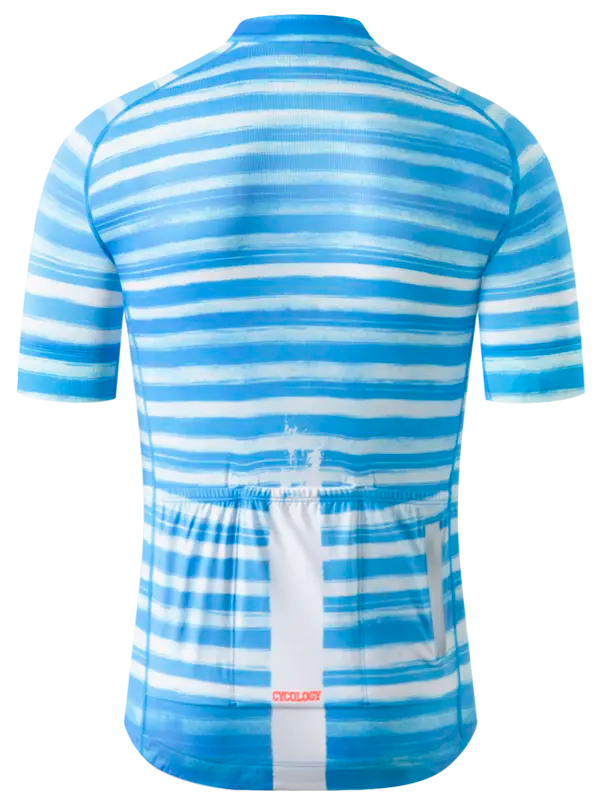 Blue and white striped cycling jersey