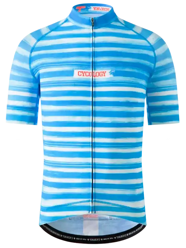 Blue and white striped men's cycling jersey with full zip and CYCOLOGY logo