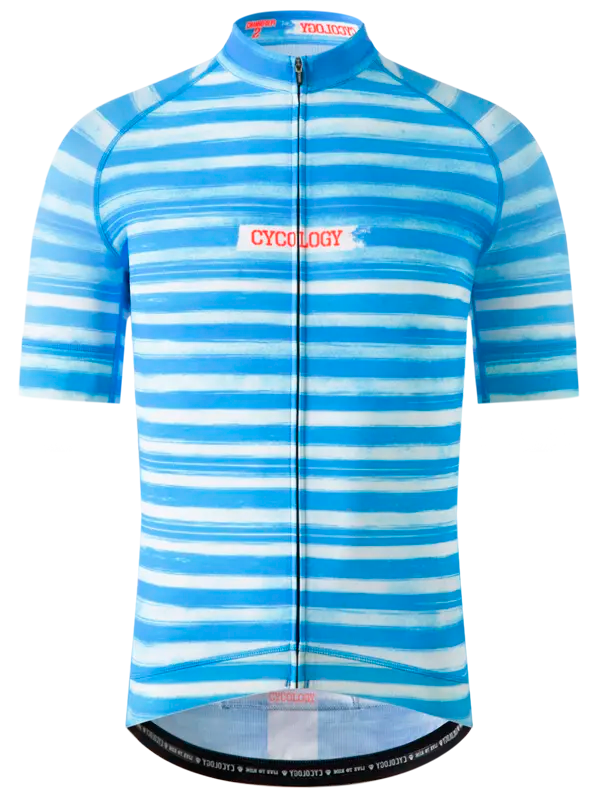 Blue and white striped cycling jersey with 'Cycology' branding 