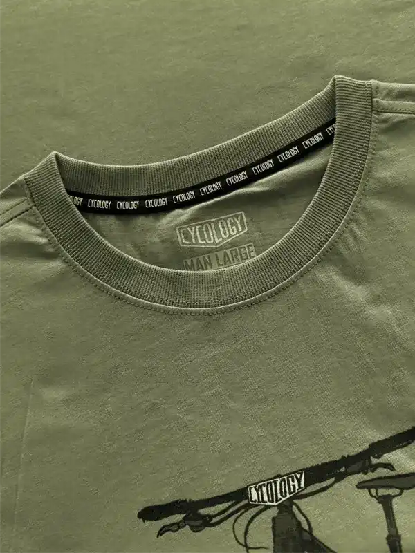 Olive green men's cycling t-shirt with bike graphic and branded neck tape, size large