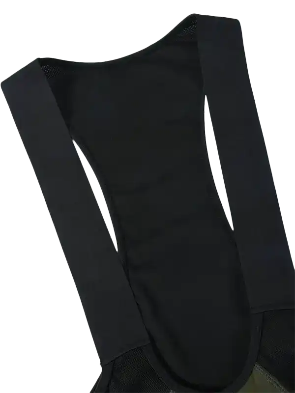 Close-up of a black athletic bib shorts  with wide shoulder straps and a curved lower section,