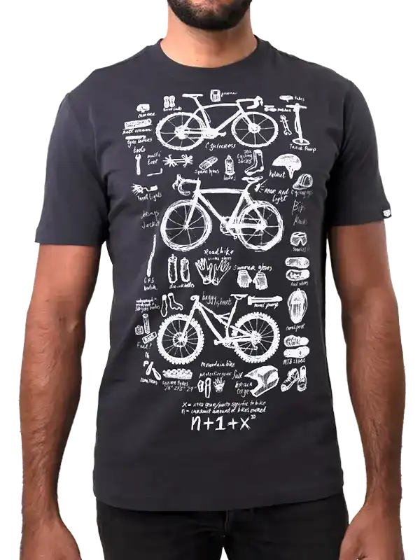 Men's cycling t-shirt with bike diagrams and gear illustrations in white on dark gray fabric