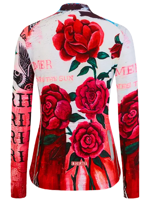 Long-sleeve cycling jersey with red floral patterns and visible branding on a white background