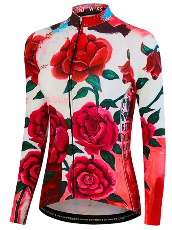Women's cycling jersey with red rose print, long sleeves, full zip, and performance fabric for bike rides