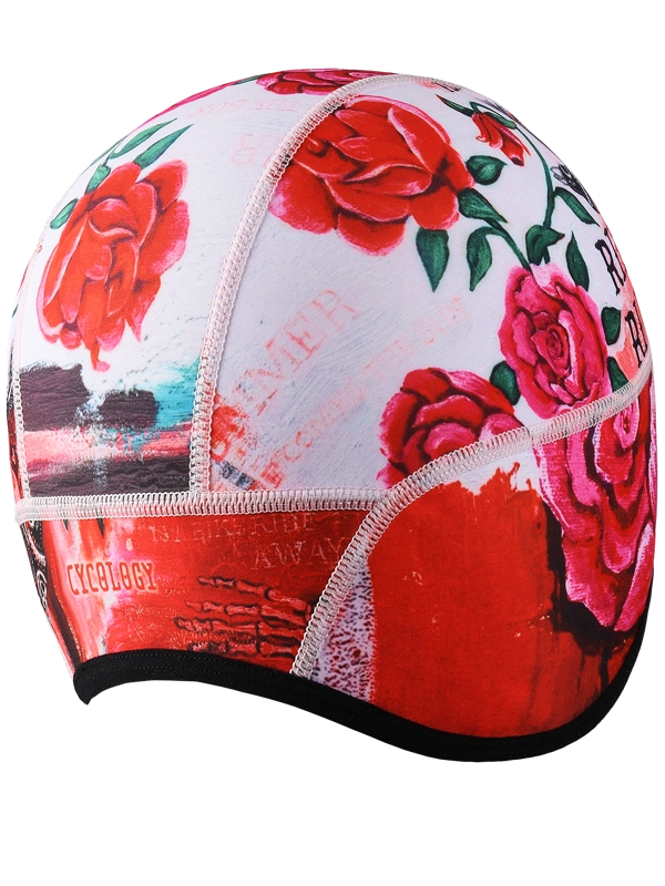 Colorful Cycling beanie with  red floral design and 'Ride' text 