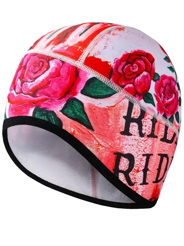 Cycling skull cap with pink roses and 'RIDE' text, breathable fabric for bike rides