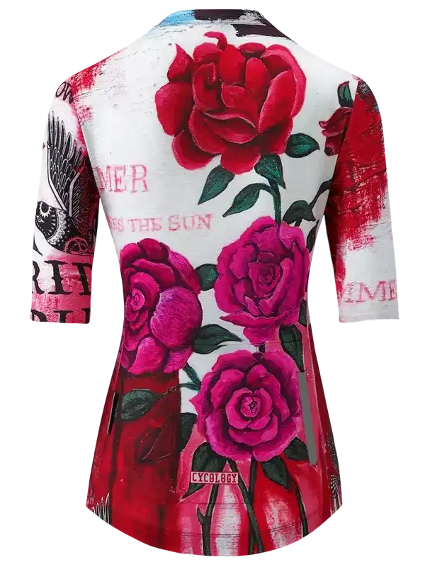 Women's cycling jersey with vibrant red and pink rose print, 3/4 sleeves, artistic floral design
