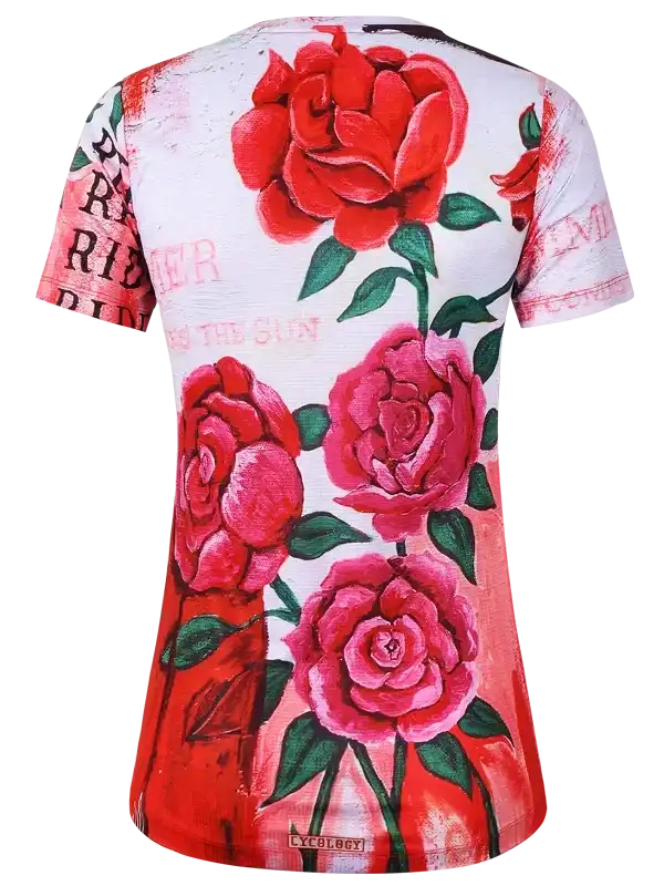 Women's cycling jersey with vibrant red rose print and green leaves, stylish design for bike rides