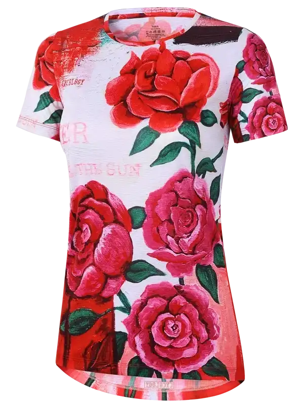 Women's cycling jersey with vibrant red rose print, artistic floral design for road bike rides