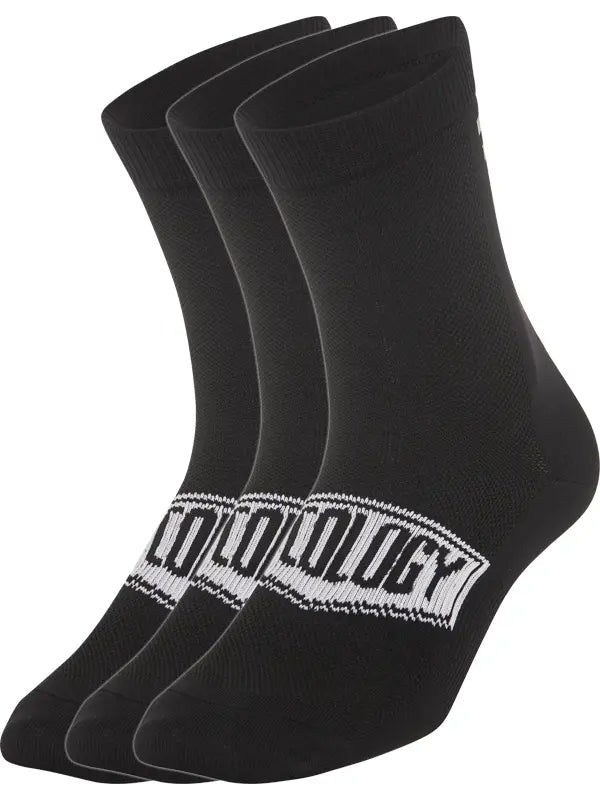 Three black cycling socks with a brand CYCOLOGY logo 