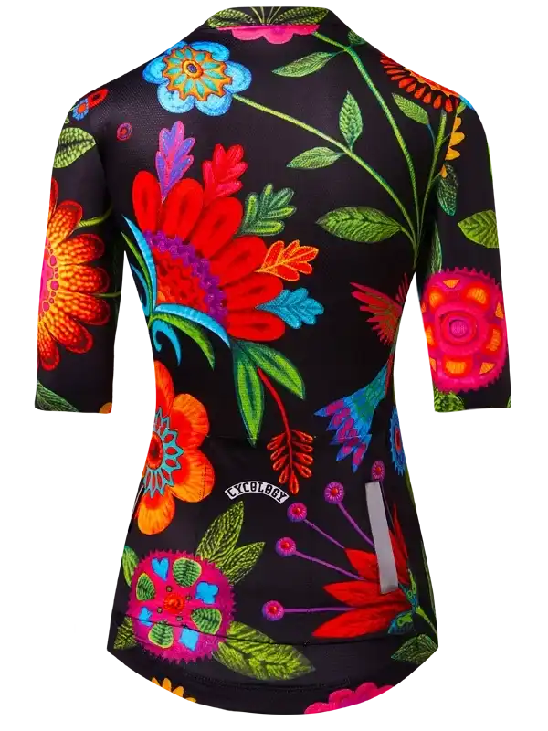 Vibrant floral women's cycling jersey with colorful blooms on black, featuring reflective strip and 3/4 sleeves.