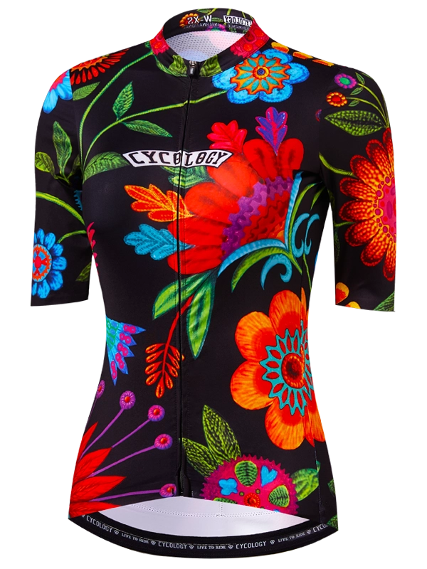 Colorful floral-patterned women's cycling jersey on a black background