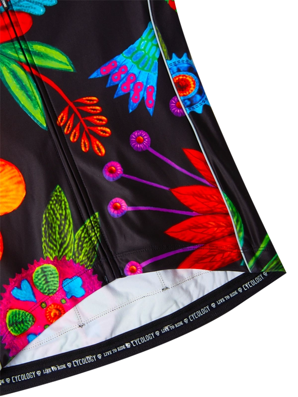 Colorful floral design on a black background with 'Cycology' branding.
