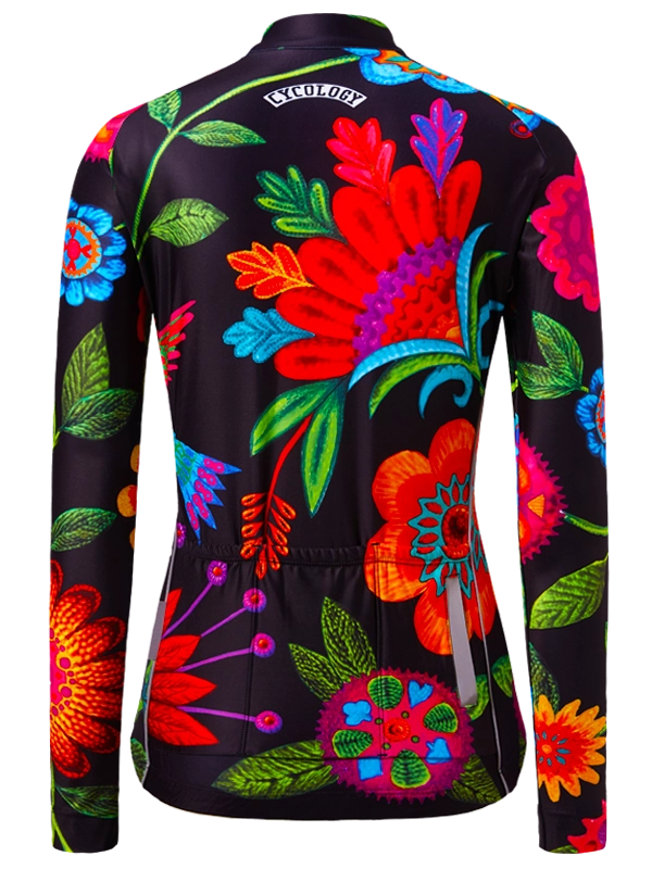 Colorful floral-patterned long sleeve cycling jersey on a black background