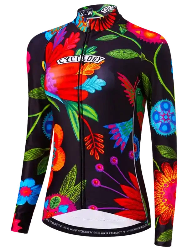 Women's long sleeve cycling jersey with vibrant floral print, full zip, and performance fit