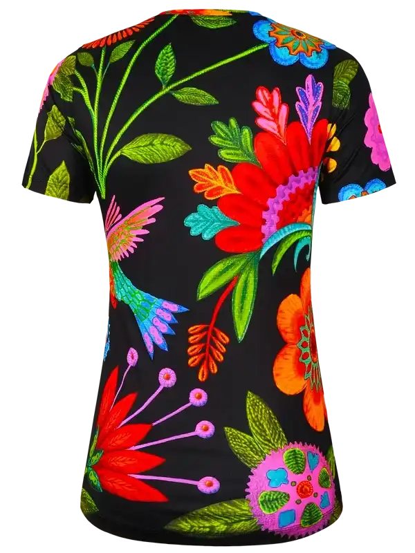 Women's cycling jersey with vibrant floral and hummingbird print on black fabric