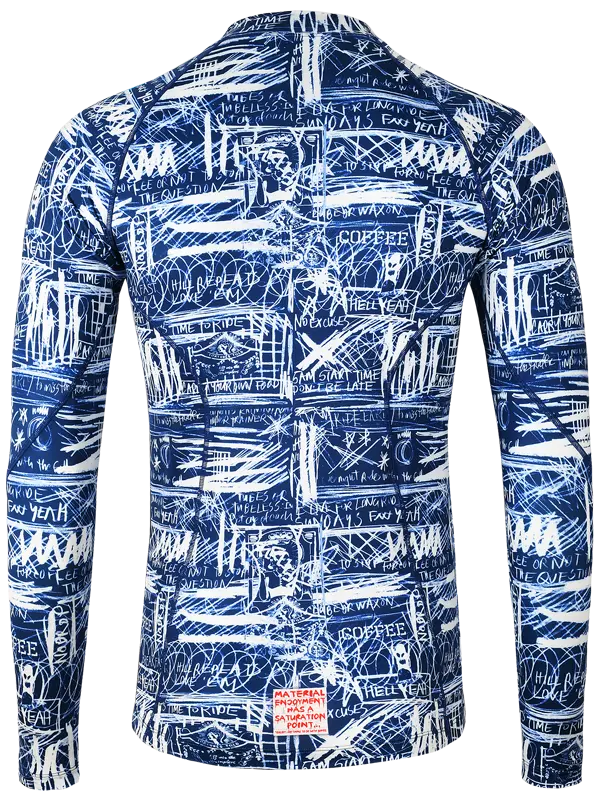 Long-sleeve cycling base layer with blue and white graphic design
