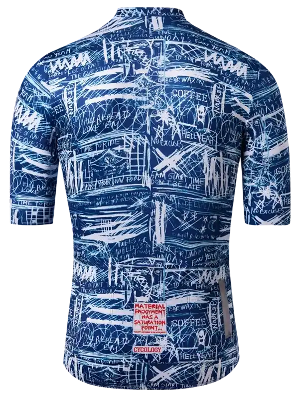 Men's cycling jersey with blue graffiti-style print, featuring motivational phrases and Cycology brand tag