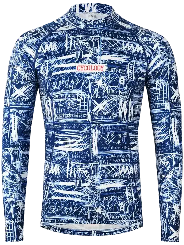 Men's long sleeve cycling jersey with bold blue and white graffiti-style print, featuring motivational phrases and 'CYCOLOGY' logo.