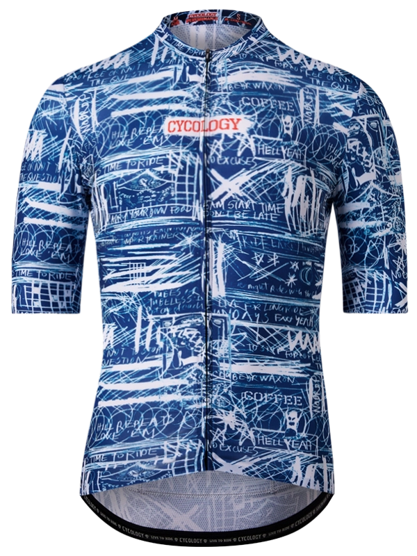 Blue and white men's short  sleeve patterned cycling jersey with visible branding