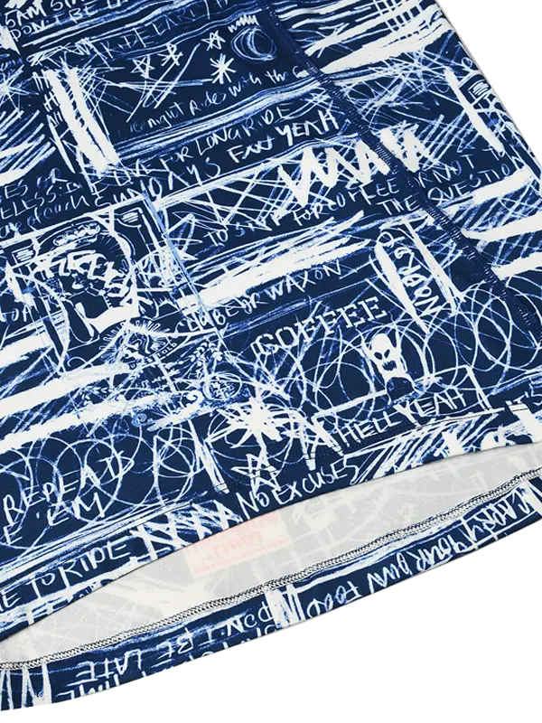 Blue and white patterned fabric with text and graphics