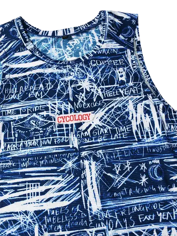 Men's cycling tank top with bold graffiti-style print, featuring motivational phrases and 'CYCOLOGY' patch