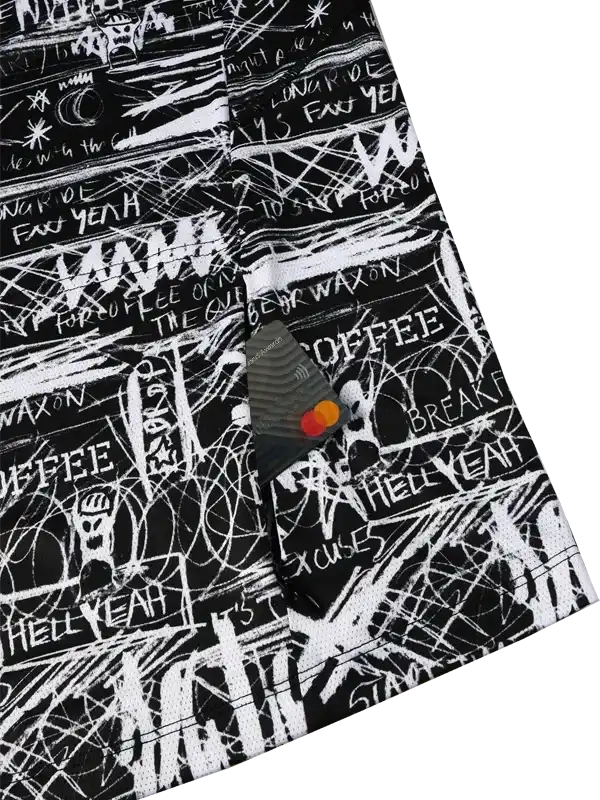 Men's cycling jersey with bold black and white graffiti-style print featuring coffee and ride slogans
