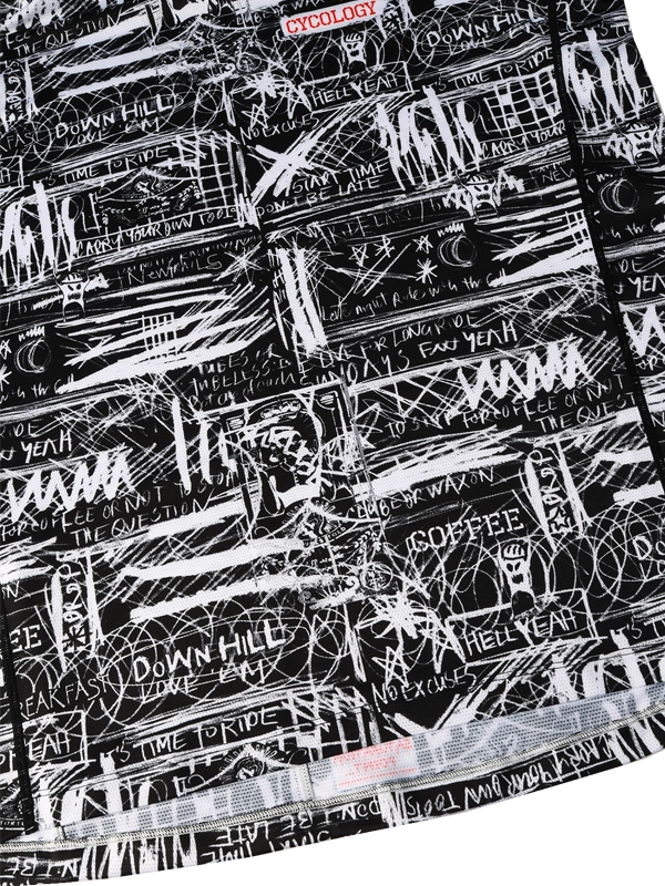 Black and white patterned fabric with text and graphics