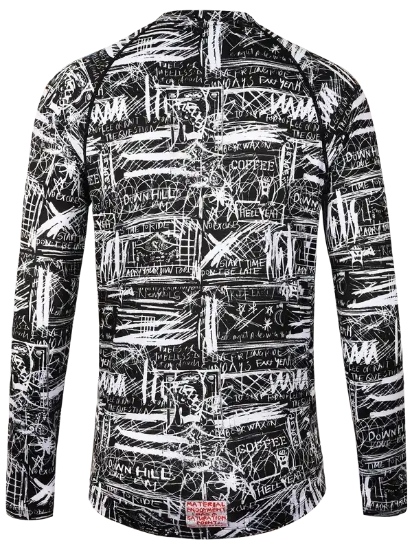 Men's long sleeve cycling jersey with bold black and white graffiti-style print, ideal for road or mountain biking.