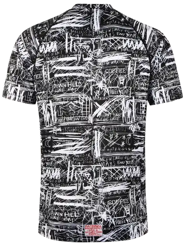 Men's cycling jersey with bold black and white graffiti-style print featuring cycling phrases and graphics