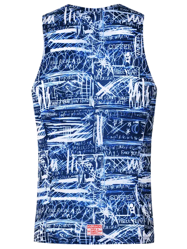 Blue sleeveless cycling base layer with white text and graphics