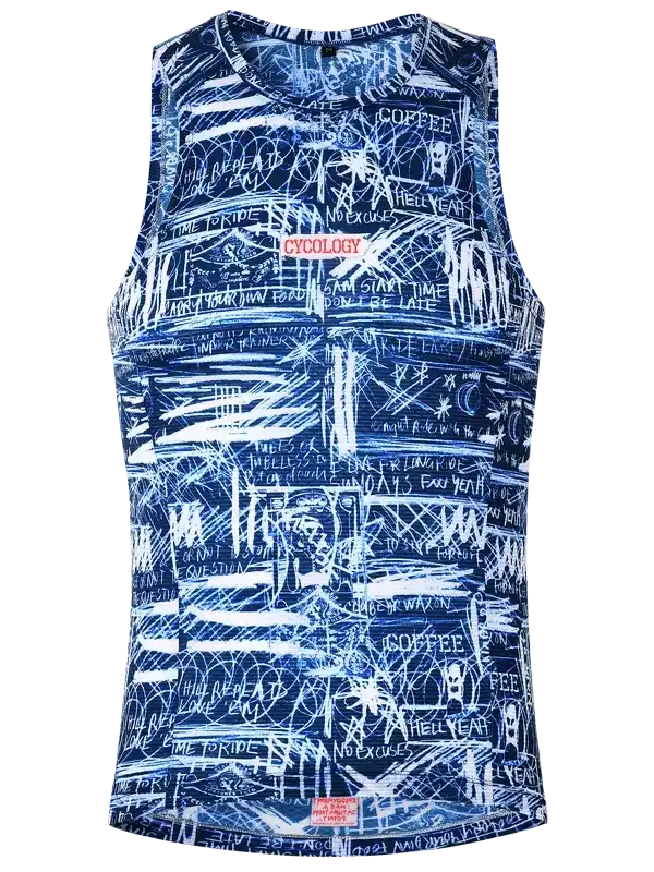 Blue graphic cycling tank top with white scribble print and motivational phrases for men and women