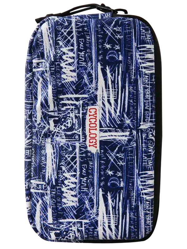 Brunswick Cycling Wallet by Cycology Clothing with blue and white abstract patterns.
