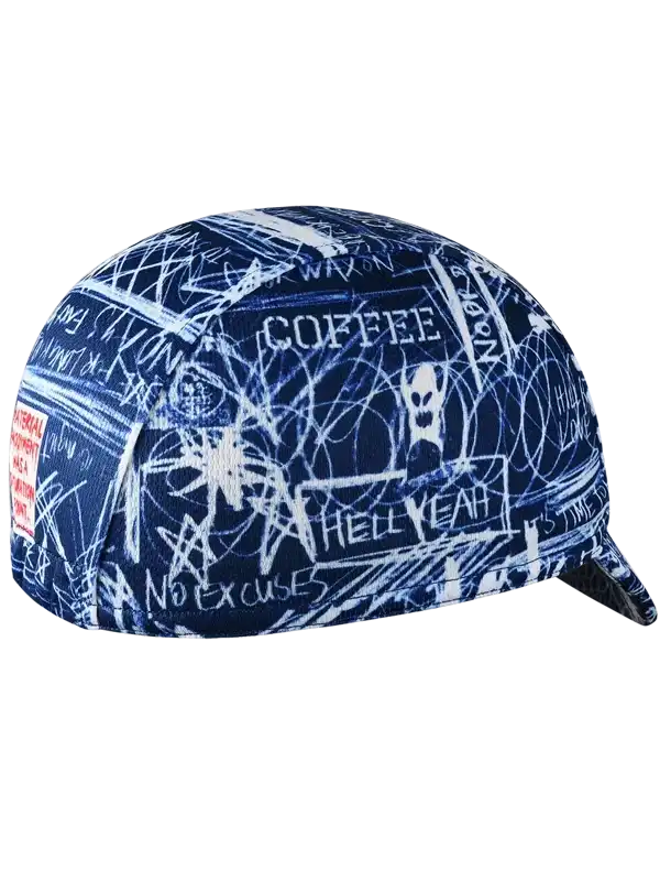 Blue cycling cap with white graffiti-style 'COFFEE' and 'HELL YEAH' text, ideal for men's and women's bike rides.