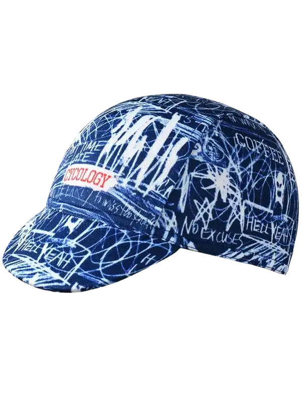 Blue cycling cap with white graffiti-style graphics and 'CYCOLOGY' logo, ideal for road bike rides.