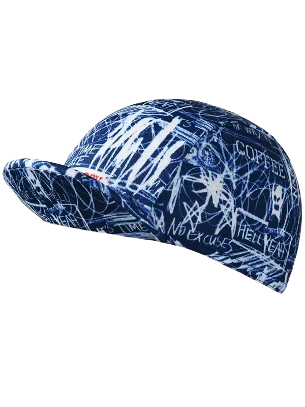 Blue cycling cap with white graffiti-style graphics and motivational text for road bike riders