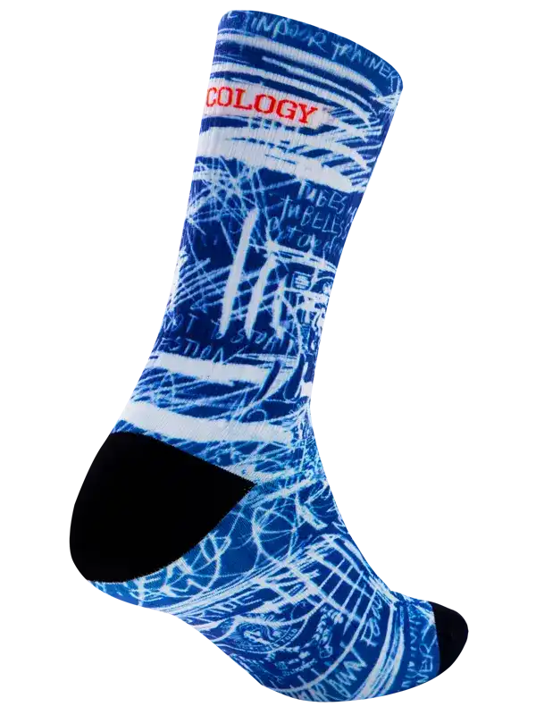 Blue cycling sock with white sketch design and red 'COLOGY' text, black toe and heel