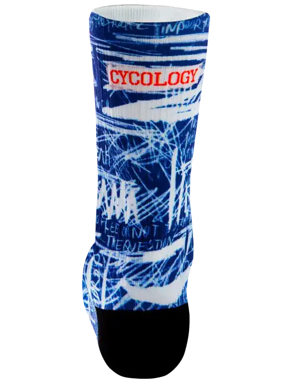 Blue and white cycling sock with 'CYCOLOGY' logo and abstract design, ideal for men's and women's bike rides.
