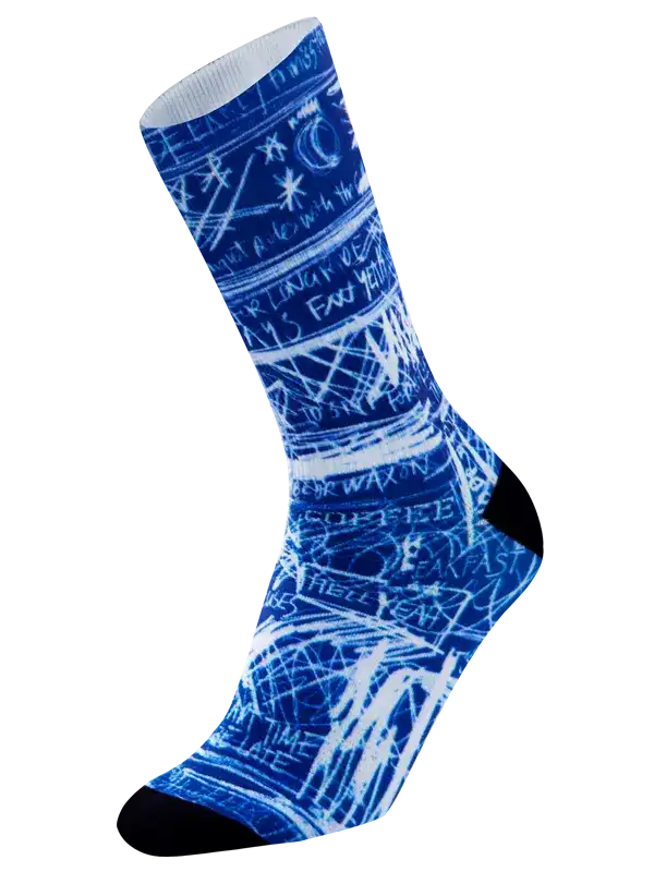 Blue cycling sock with white doodle print, black toe and heel, ideal for men's and women's bike rides