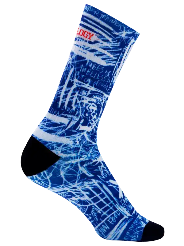 Blue cycling sock with white graphic design and black toe, featuring 'LOGY' text, ideal for men's and women's bike rides.