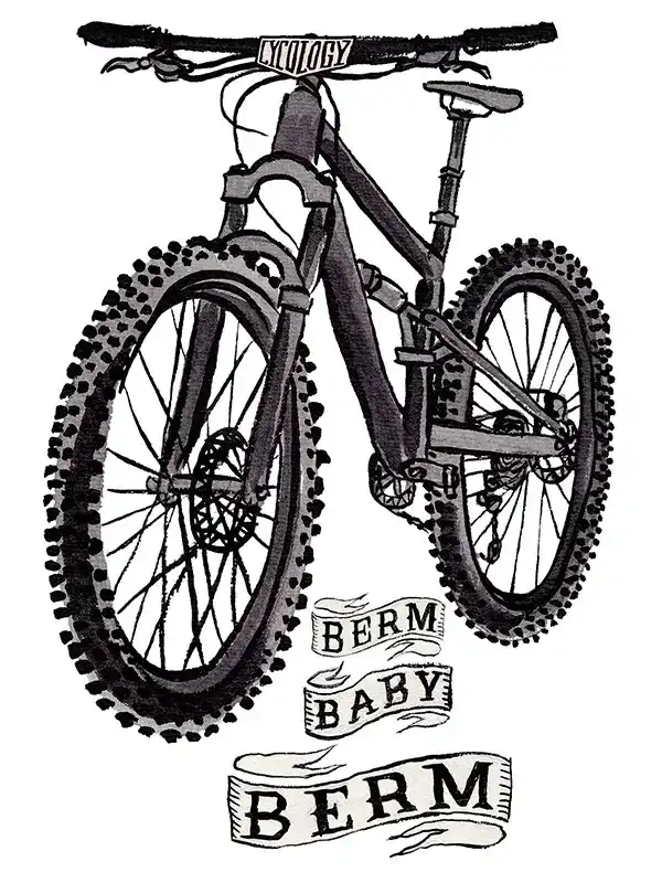 Cycology mountain bike graphic with 'Berm Baby Berm' text, showcasing rugged tires and frame design for cycling enthusiasts.