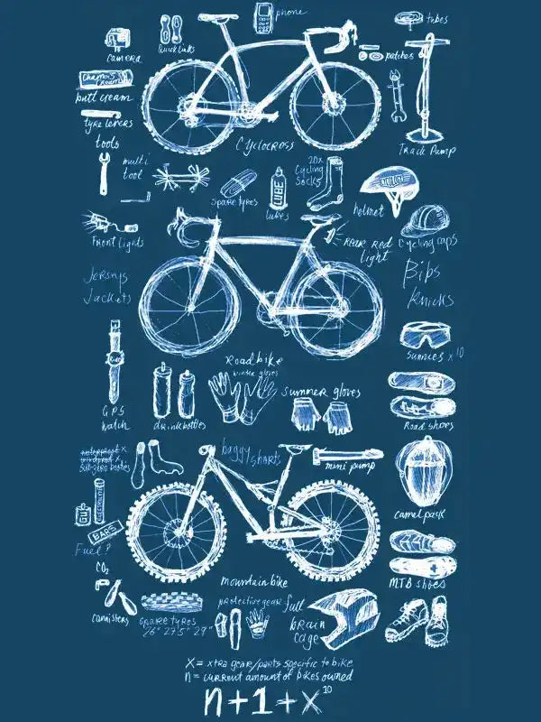 Cycling gear blueprint with road, mountain bikes, helmets, gloves, and accessories for men and women riders