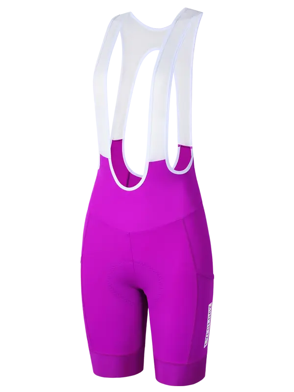 A pair of cycling bib shorts in vibrant magenta with white shoulder straps, shown from the back on a plain white background.