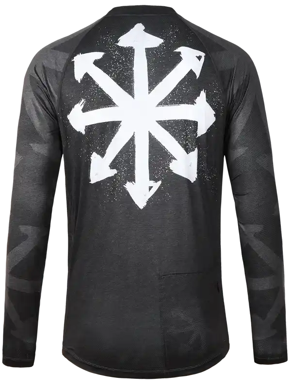 Men's black long sleeve cycling jersey with white arrow graphic design, ideal for road biking