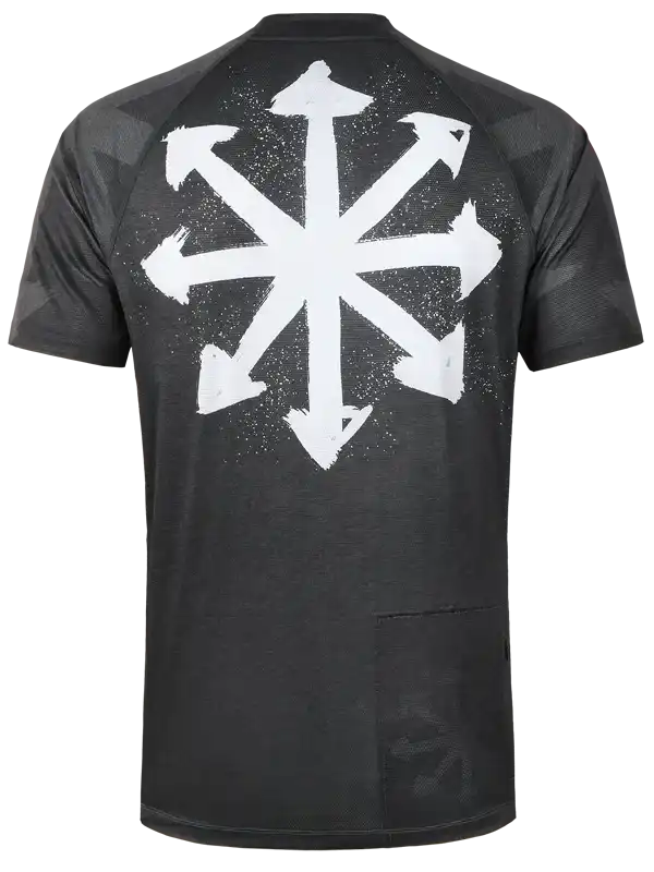 Black cycling jersey with white arrow star graphic, back view, featuring rear pocket for essentials.