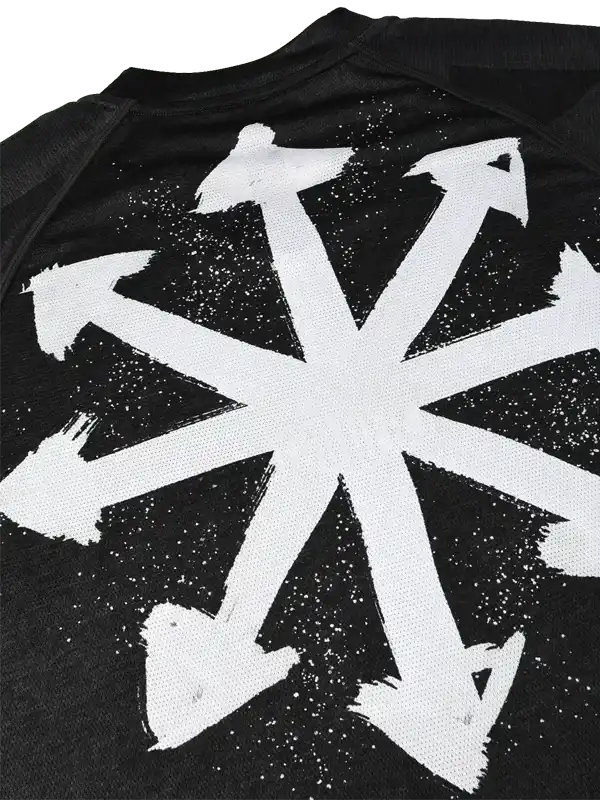 Black cycling jersey with bold white arrow star design, ideal for men's and women's bike rides